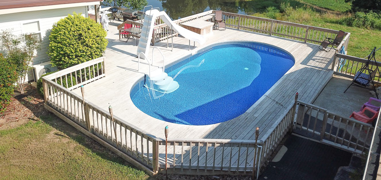 above view of pool with deck